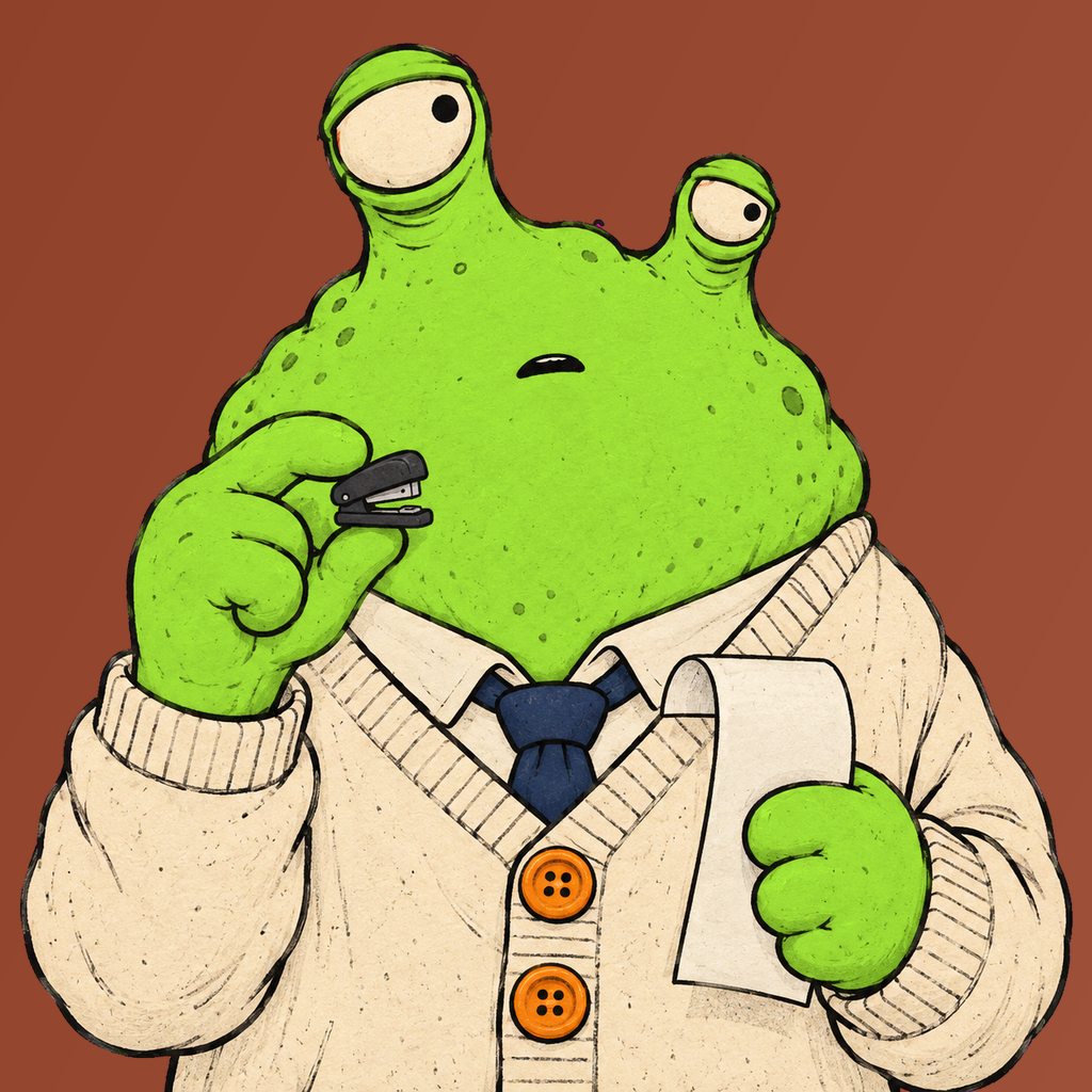 Budget Bea, a green office monster with a tiny stapler